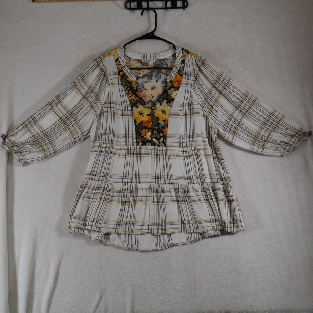 Cato Women's L Mixed Print Plaid Floral V-Neck Top 3/4 Sleeve Tiered